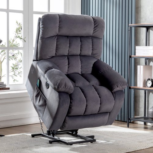 Electric Power Lift Recliner Chair Sofa With Massage And Heat For Elderly 2 Side Pockets USB Ports Single Recliner Chairs For Living Room Overstuffed Breathable Fabric Reclining