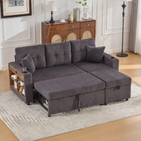 Multifunctional Corduroy Sofa Bed With Storage And Pull-out Bed, Featuring USB-C Charging, LED Ambient Lighting, Cup Holders And Wide Armrests For Living Rooms And Guest Rooms.