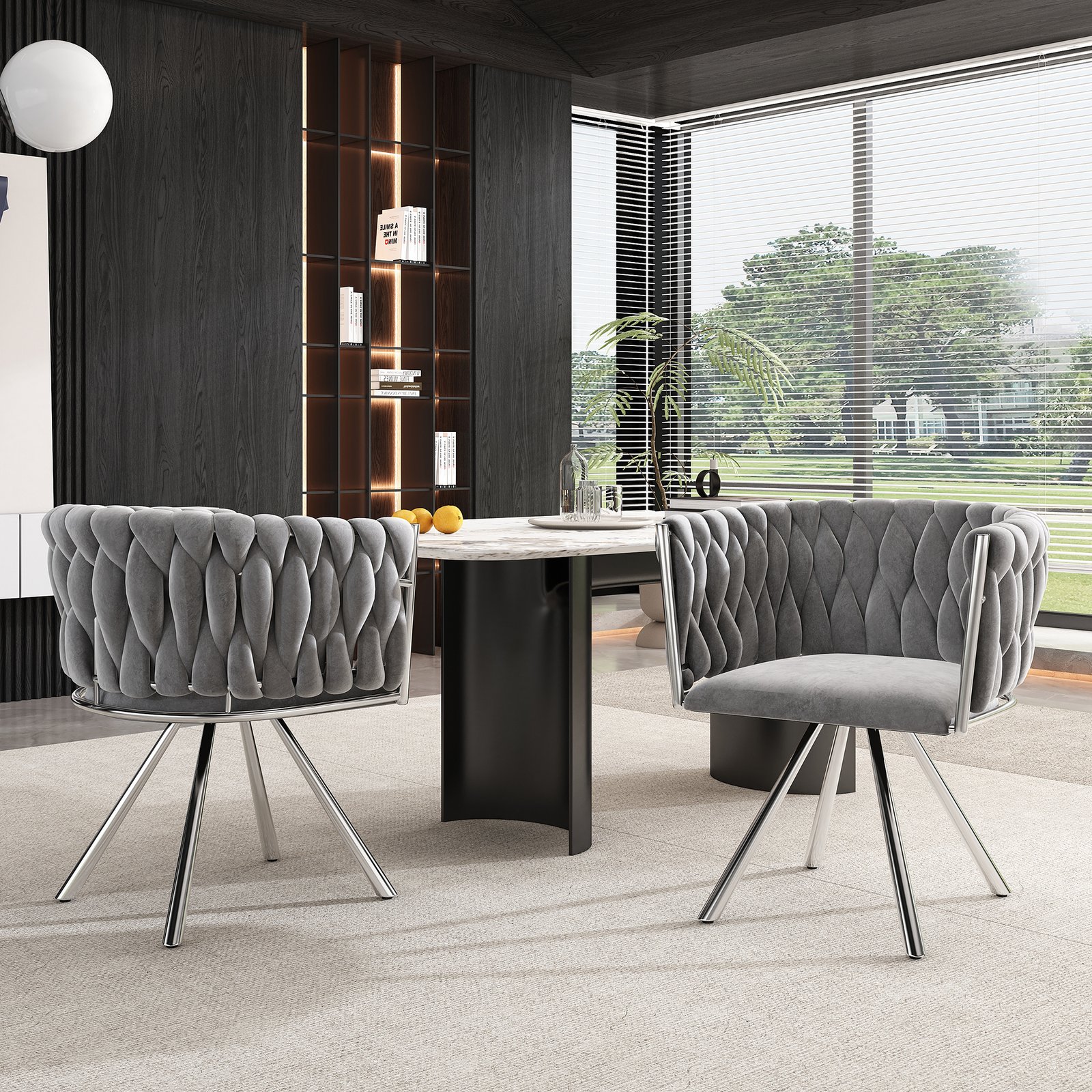 Set Of 6, Velvet Dining Chair, Single Light Luxury Living Room Bedroom Swivel Chair, Leisure Swivel Chair With Four Metal Support Legs, Grey  Silver