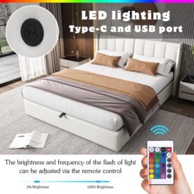 LED Upholstered Super King Size Bed – 6ft 180X200cm With Storage & Hydraulic Lift, USB Charging Ports, Adjustable Headboard & Lighting, PU , White