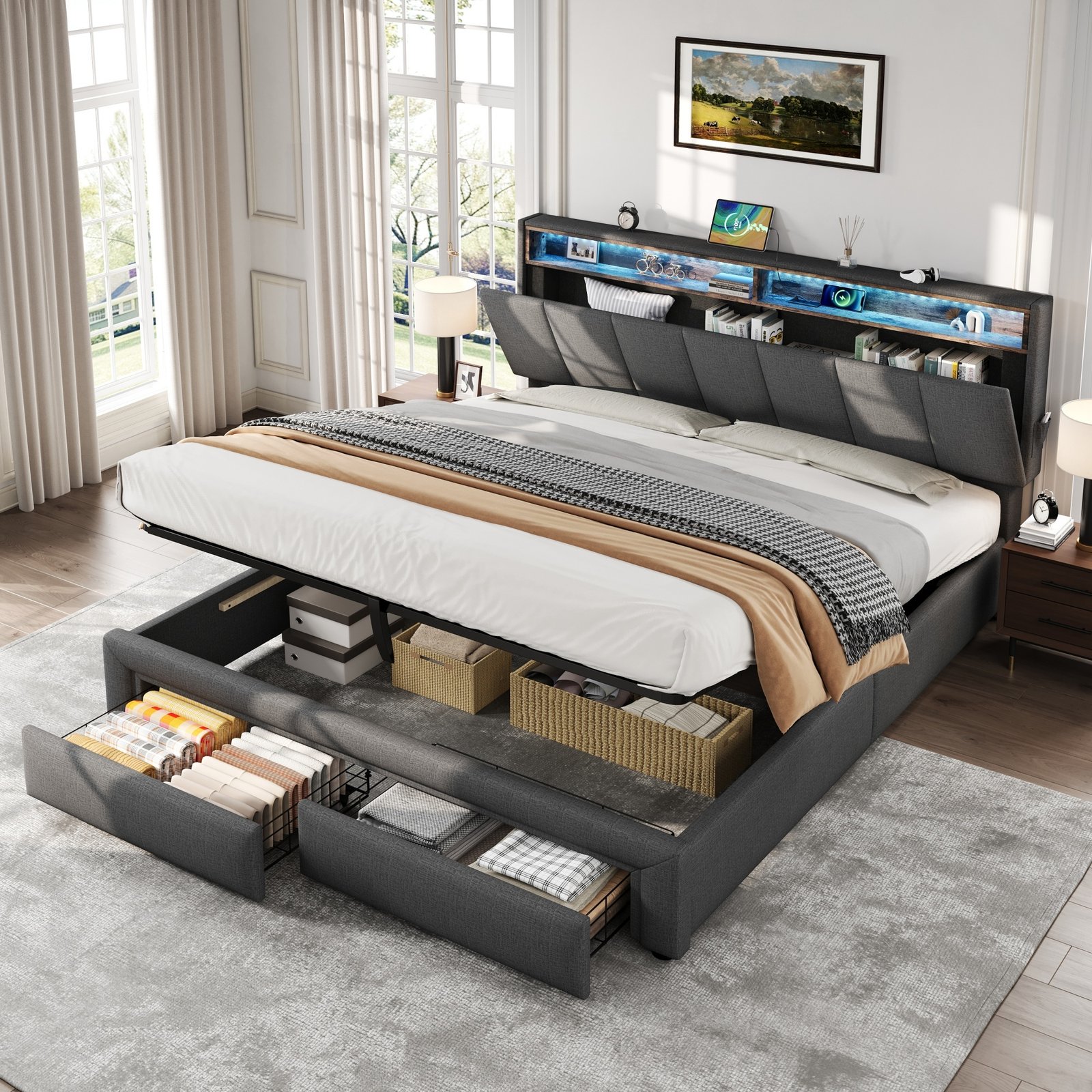 5ft King Upholstered Bed Frame With Hydraulic And Drawers Storage, LED Adjustable Headboard With Charging Station And Concealed Headboard Storage, Linen, No Box Spring Needed, Grey  No Mattress