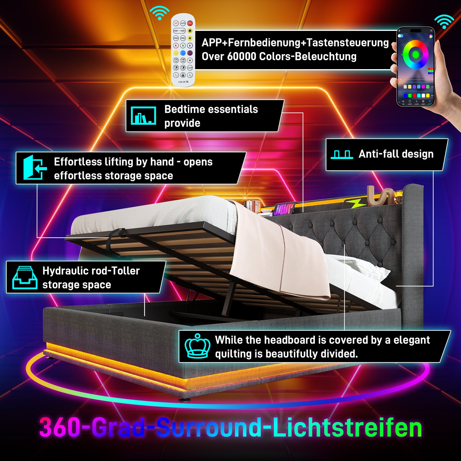 Upholstered Double Ottoman Bed With 360 Surround Led Function,Hydraulic Storage Bed Frame With Large Storage Space, 4ft6 Double Bed Frame With Charging Function,135 X190 ,Linen, Grey No Mattress