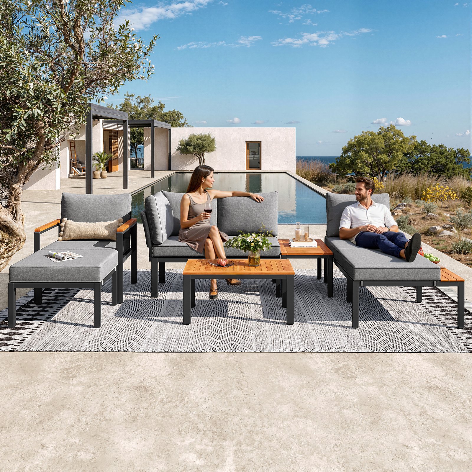 Modular Outdoor Sofa Set With Free Combination, Aluminium Frame, Breathable Cushions, Wooden Coffee Table & Side Table, For Patio, Garden & Backyard