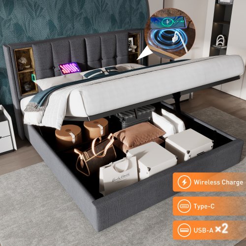 Upholstered Double Bed 150 X 200cm With Wireless Charging USB Tyep-C, Hydraulic Storage Bed With Hydraulic Lever, Linen Fabric 5FT King Size Bed Frame With Large Storage Space,Grey No Mattress