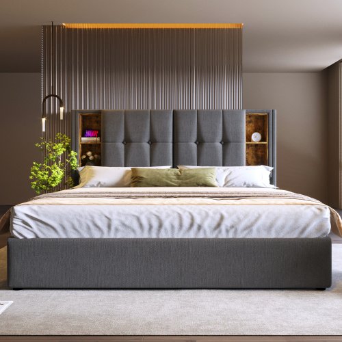 Upholstered Double Bed 150 X 200cm With Wireless Charging USB Tyep-C, Hydraulic Storage Bed With Hydraulic Lever, Linen Fabric 5FT King Size Bed Frame With Large Storage Space,Grey No Mattress