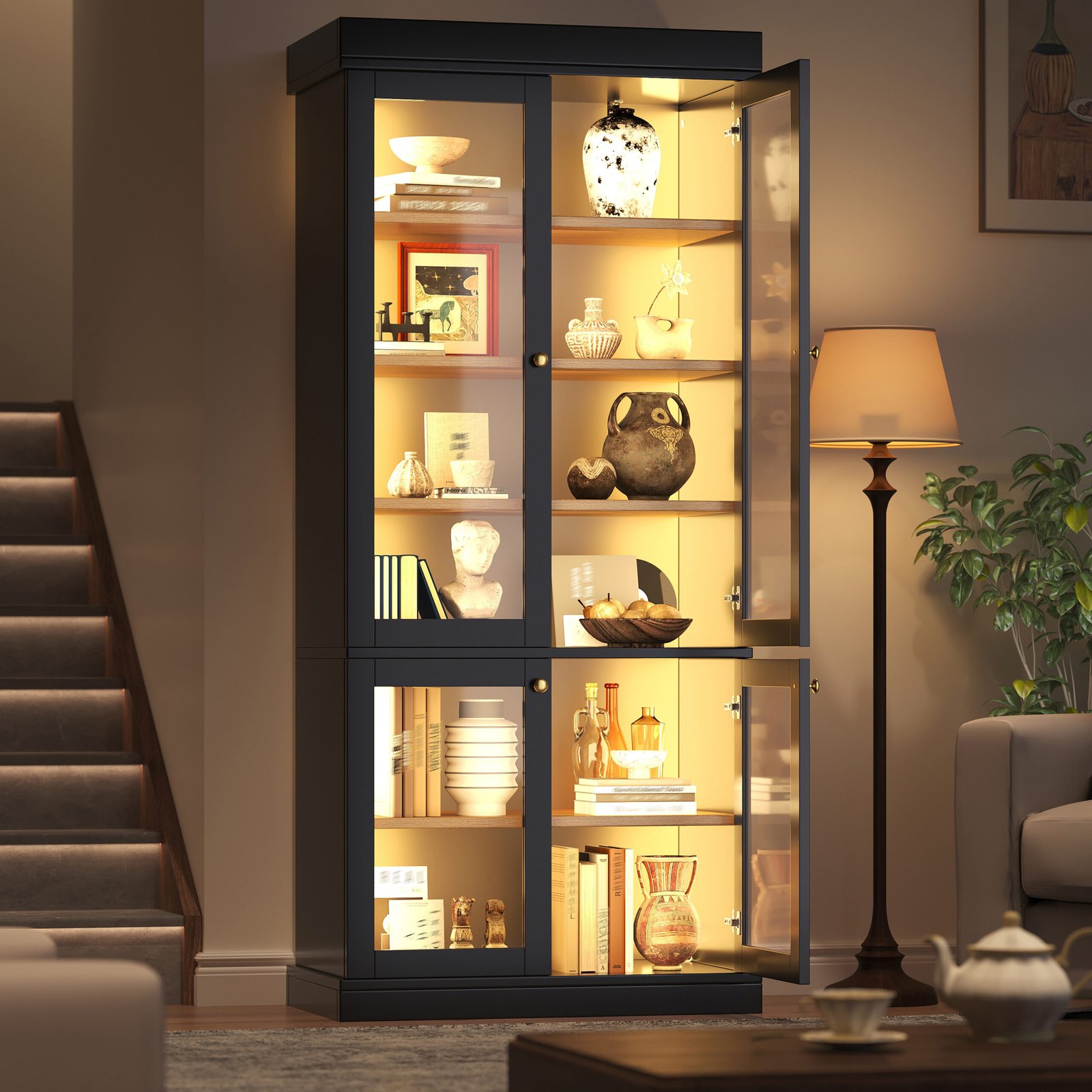 Modern Freestanding Cabinet With Integrated LED Mood Lighting, Glass Display Case, Well-designed Interior Layout And Anti-tip Protection Stable, Safe And Versatile For Home Use Black