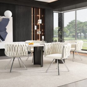 Set Of 4, Velvet Dining Chair, Single Light Luxury Living Room Bedroom Swivel Chair, Leisure Swivel Chair With Four Metal Support Legs, Beige  Silver