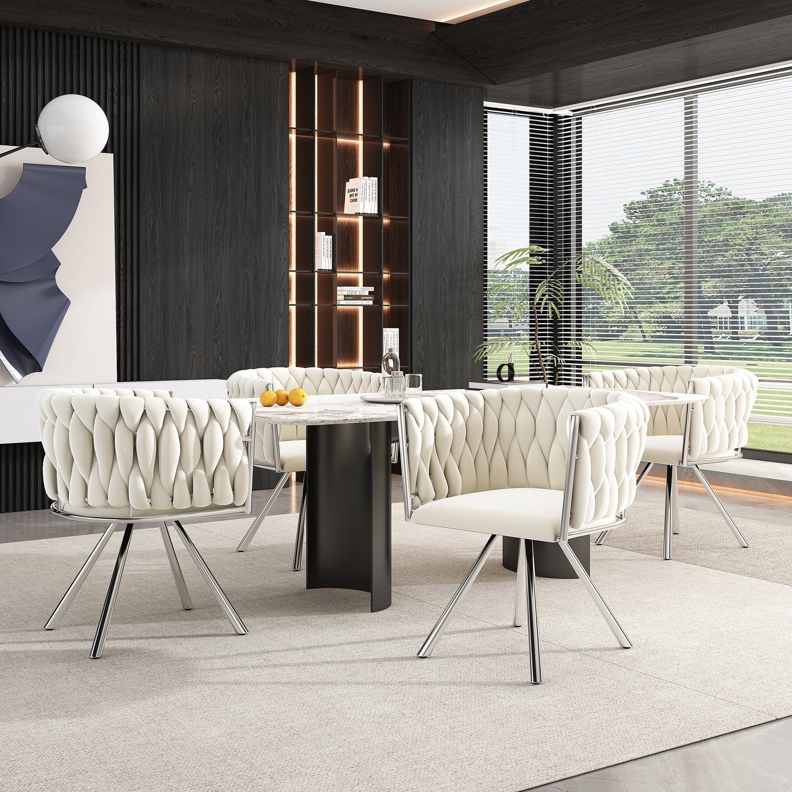 Set Of 4, Velvet Dining Chair, Single Light Luxury Living Room Bedroom Swivel Chair, Leisure Swivel Chair With Four Metal Support Legs, Beige  Silver