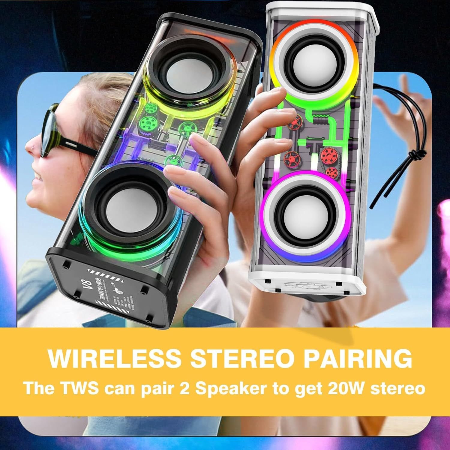 Portable Bluetooth Speaker With LED Lights&Transparent Casing, Bluetooth 5.3 Wireless Outdoor Speakers Support TWS PairingTF Card, 10W Stereo Sound, Electronics For Home, Outdoors, Travel Black