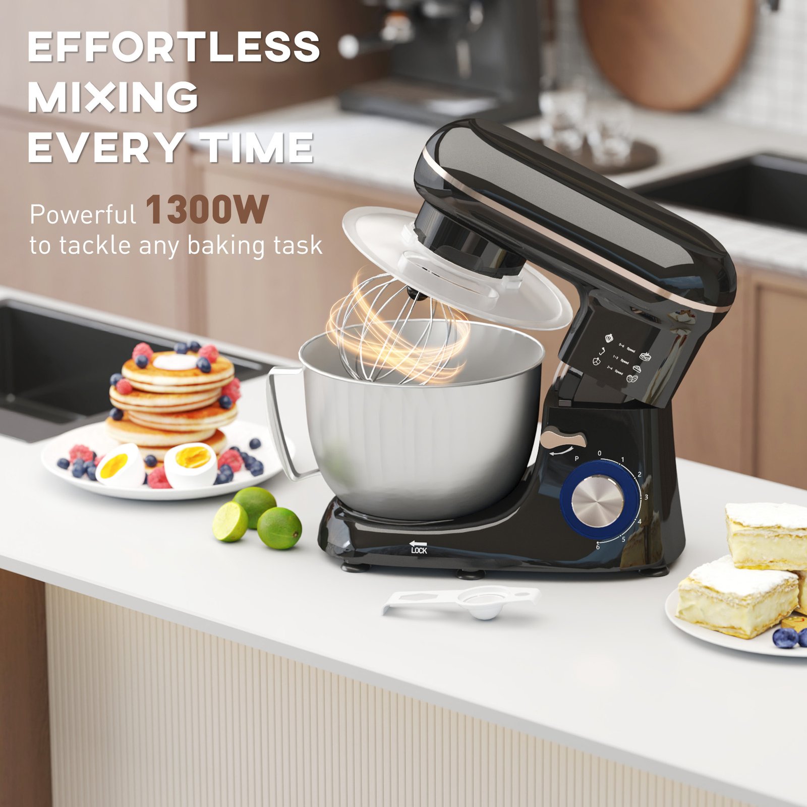 1300W Stand Mixer 4.5L Stainless Steel Bowl | 6-Speed Kitchen Mixer with Dough Hook, Whisk & Beater