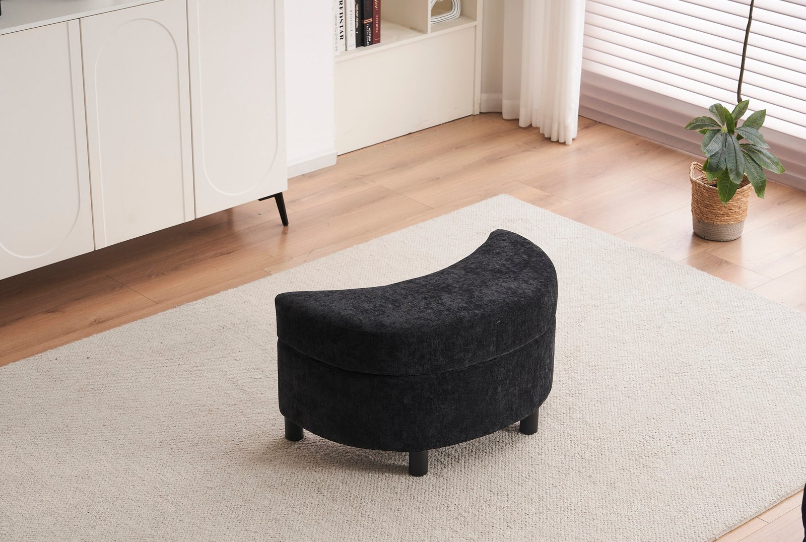 Chenille Swivel Armchair With 3 Back Cushion Pillow Ottoman Crescent Stool, Black