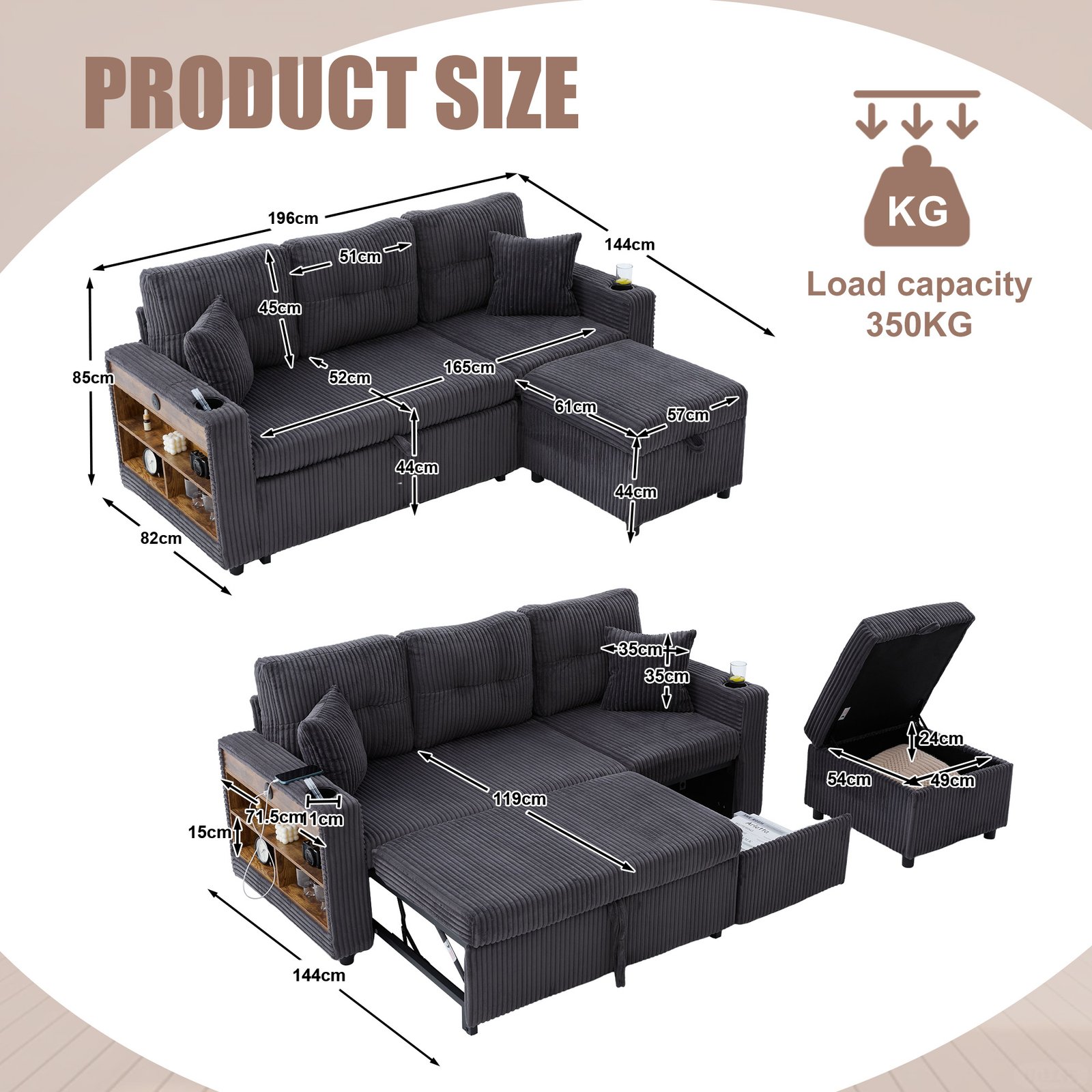 Multifunctional Corduroy Sofa Bed With Storage And Pull-out Bed, Featuring USB-C Charging, LED Ambient Lighting, Cup Holders And Wide Armrests For Living Rooms And Guest Rooms.