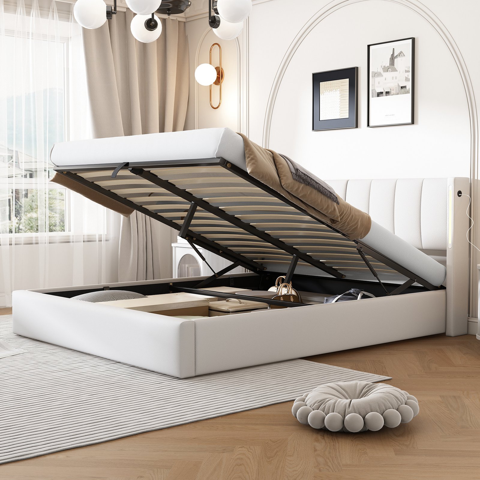 LED Upholstered Super King Size Bed - 6ft 180X200cm With Storage & Hydraulic Lift, USB Charging Ports, Adjustable Headboard & Lighting, PU , White