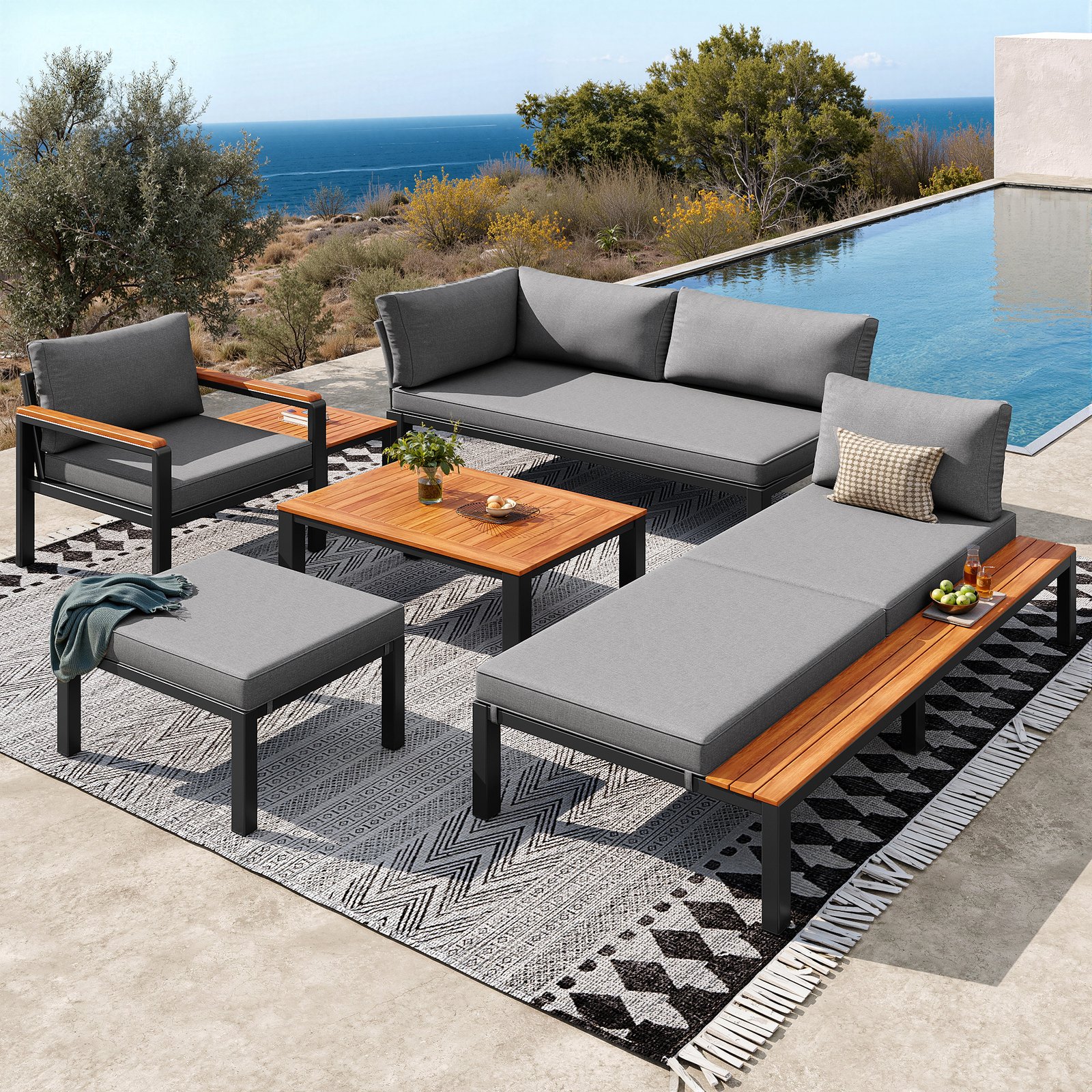 Modular Outdoor Sofa Set With Free Combination, Aluminium Frame, Breathable Cushions, Wooden Coffee Table & Side Table, For Patio, Garden & Backyard