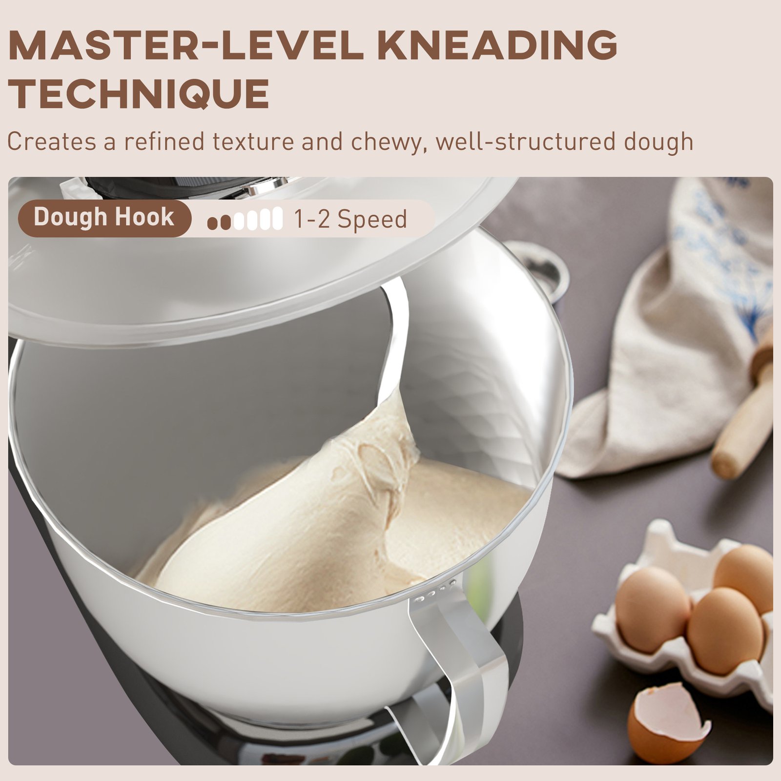 1300W Stand Mixer 4.5L Stainless Steel Bowl | 6-Speed Kitchen Mixer with Dough Hook, Whisk & Beater