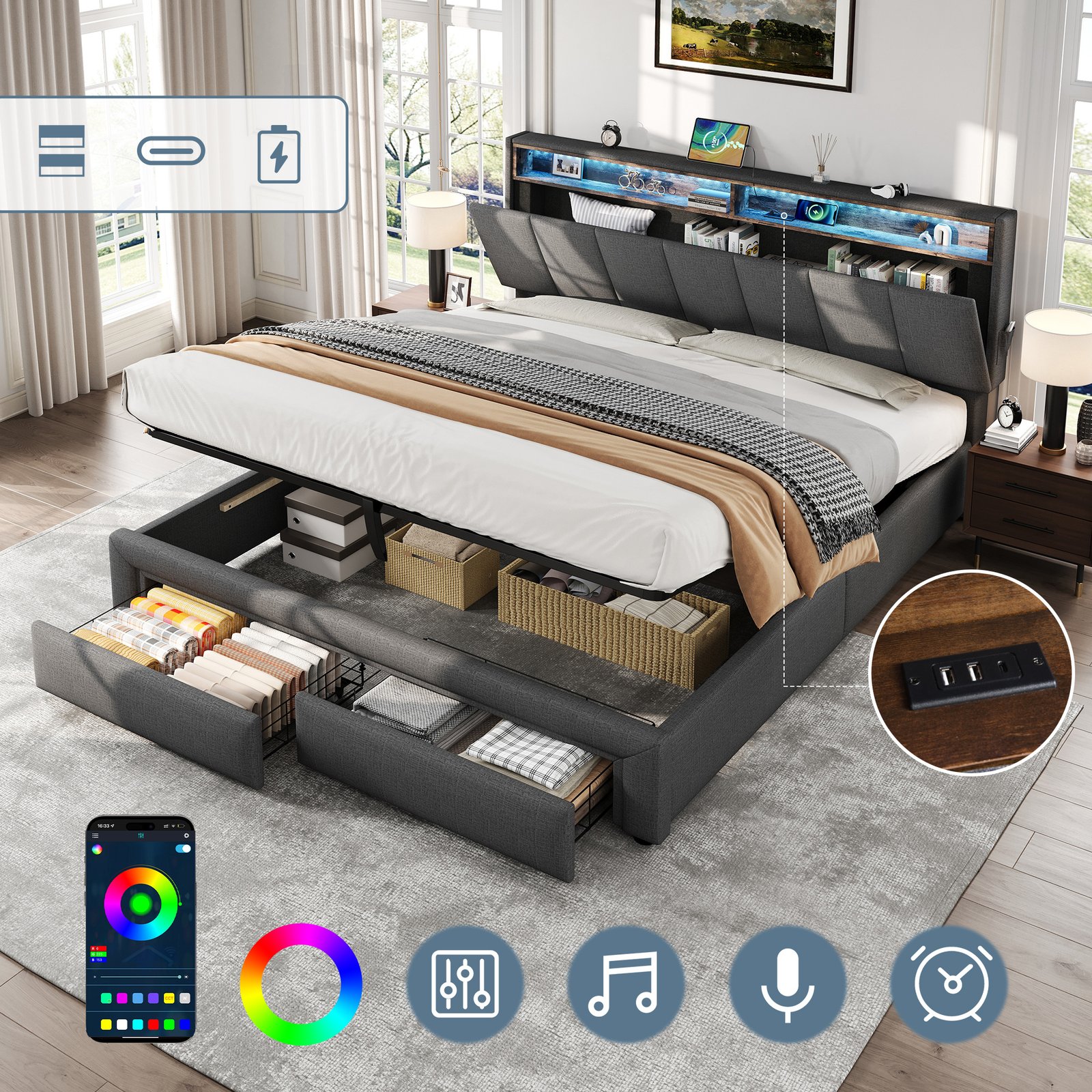 5ft King Upholstered Bed Frame With Hydraulic And Drawers Storage, LED Adjustable Headboard With Charging Station And Concealed Headboard Storage, Linen, No Box Spring Needed, Grey  No Mattress