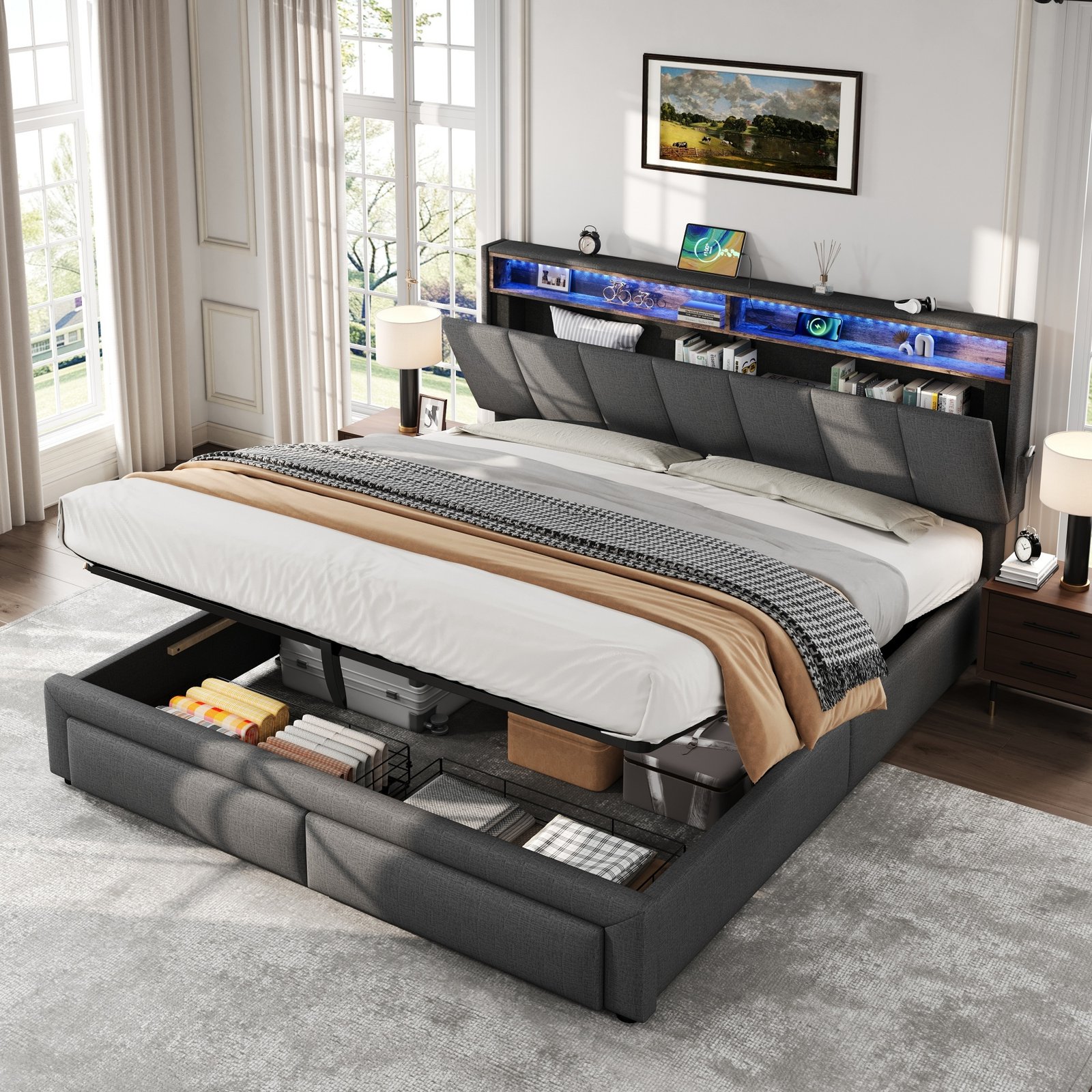 5ft King Upholstered Bed Frame With Hydraulic And Drawers Storage, LED Adjustable Headboard With Charging Station And Concealed Headboard Storage, Linen, No Box Spring Needed, Grey  No Mattress