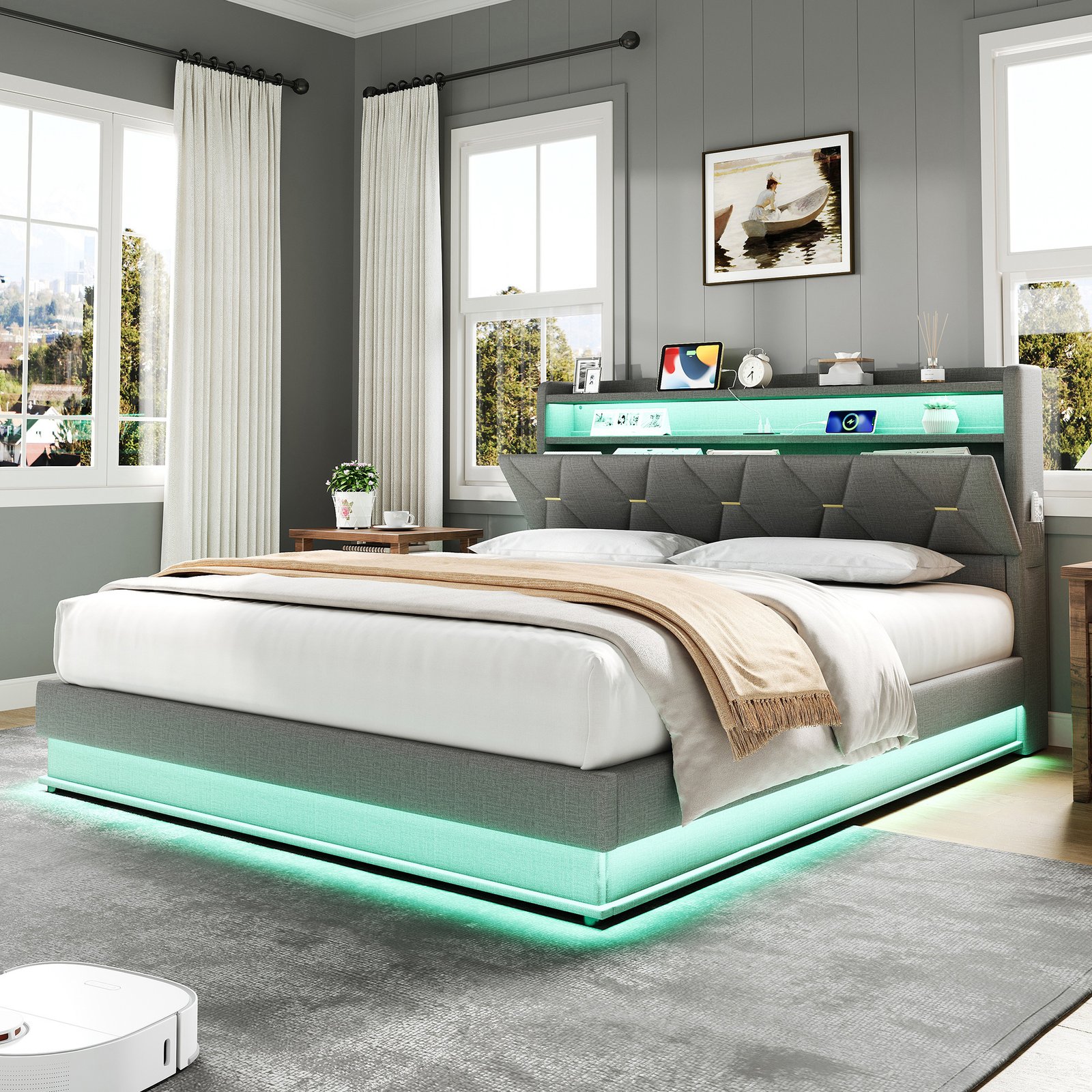 4ft6 Double Upholstered Bed Frame With Hydraulic Storage,  LED Headboard With Charging Station And Concealed Headboard Storage, USB And Type - C Ports, Linen, No Box Spring Needed, Grey  No Mattress