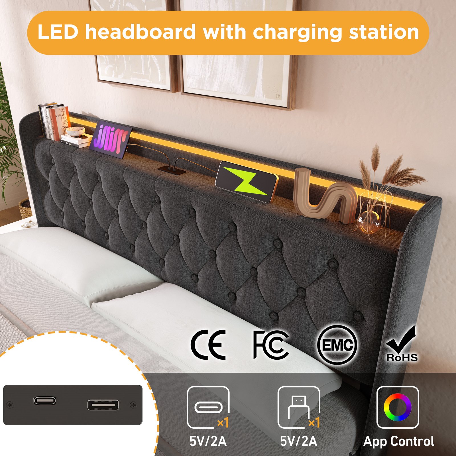 Upholstered Double Ottoman Bed With 360 Surround Led Function,Hydraulic Storage Bed Frame With Large Storage Space, 4ft6 Double Bed Frame With Charging Function,135 X190 ,Linen, Grey No Mattress