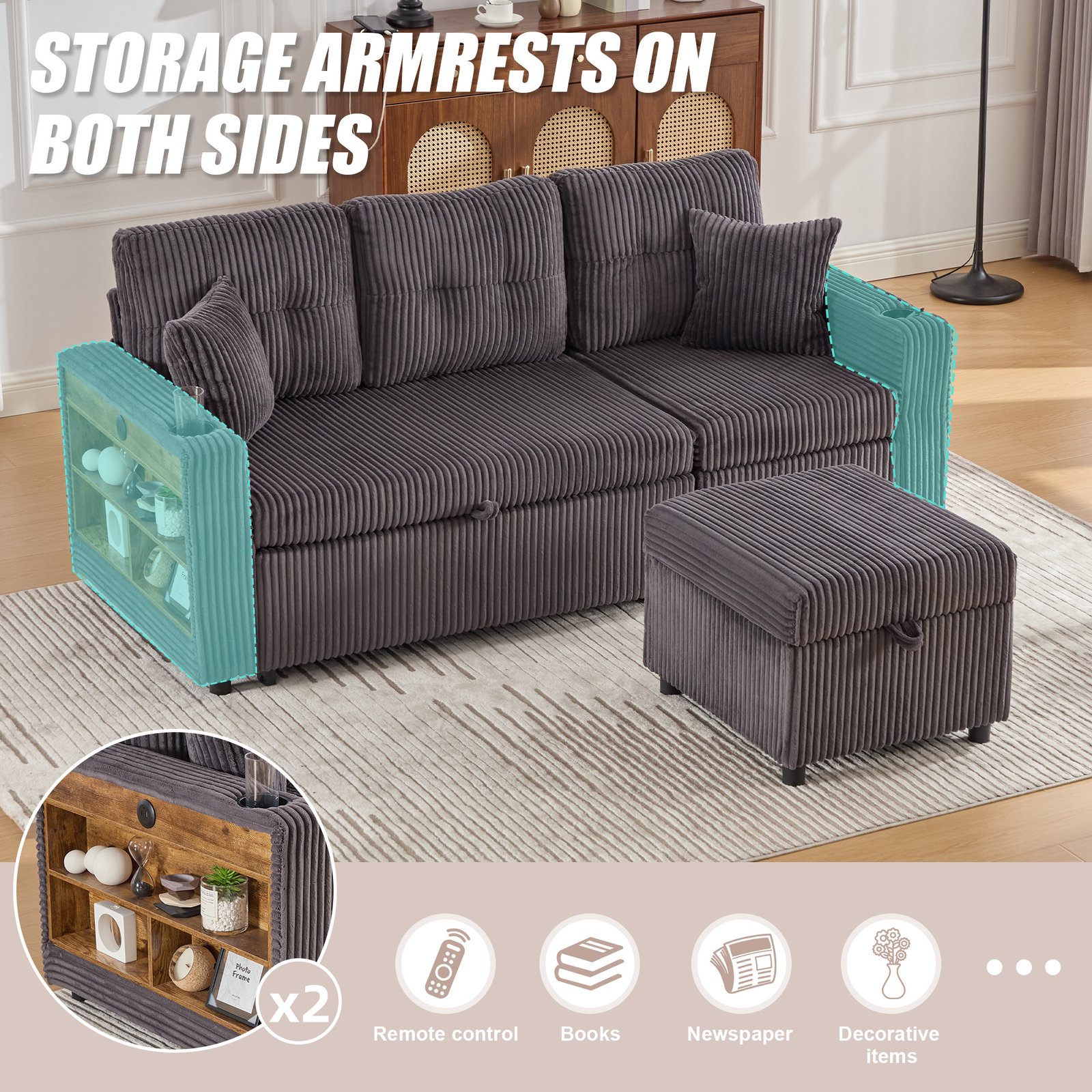 Multifunctional Corduroy Sofa Bed With Storage And Pull-out Bed, Featuring USB-C Charging, LED Ambient Lighting, Cup Holders And Wide Armrests For Living Rooms And Guest Rooms.