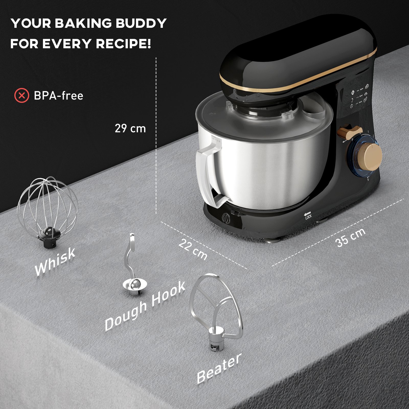 1300W Stand Mixer 4.5L Stainless Steel Bowl | 6-Speed Kitchen Mixer with Dough Hook, Whisk & Beater