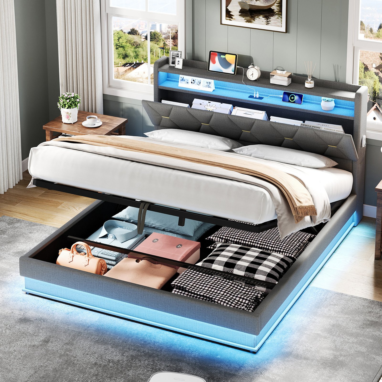4ft6 Double Upholstered Bed Frame With Hydraulic Storage,  LED Headboard With Charging Station And Concealed Headboard Storage, USB And Type - C Ports, Linen, No Box Spring Needed, Grey  No Mattress