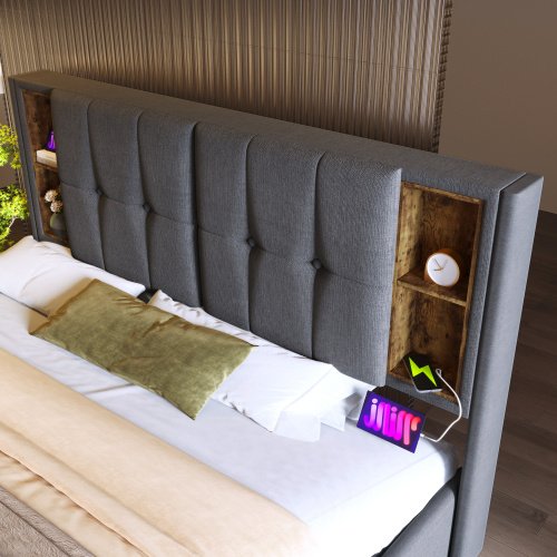 Upholstered Double Bed 150 X 200cm With Wireless Charging USB Tyep-C, Hydraulic Storage Bed With Hydraulic Lever, Linen Fabric 5FT King Size Bed Frame With Large Storage Space,Grey No Mattress