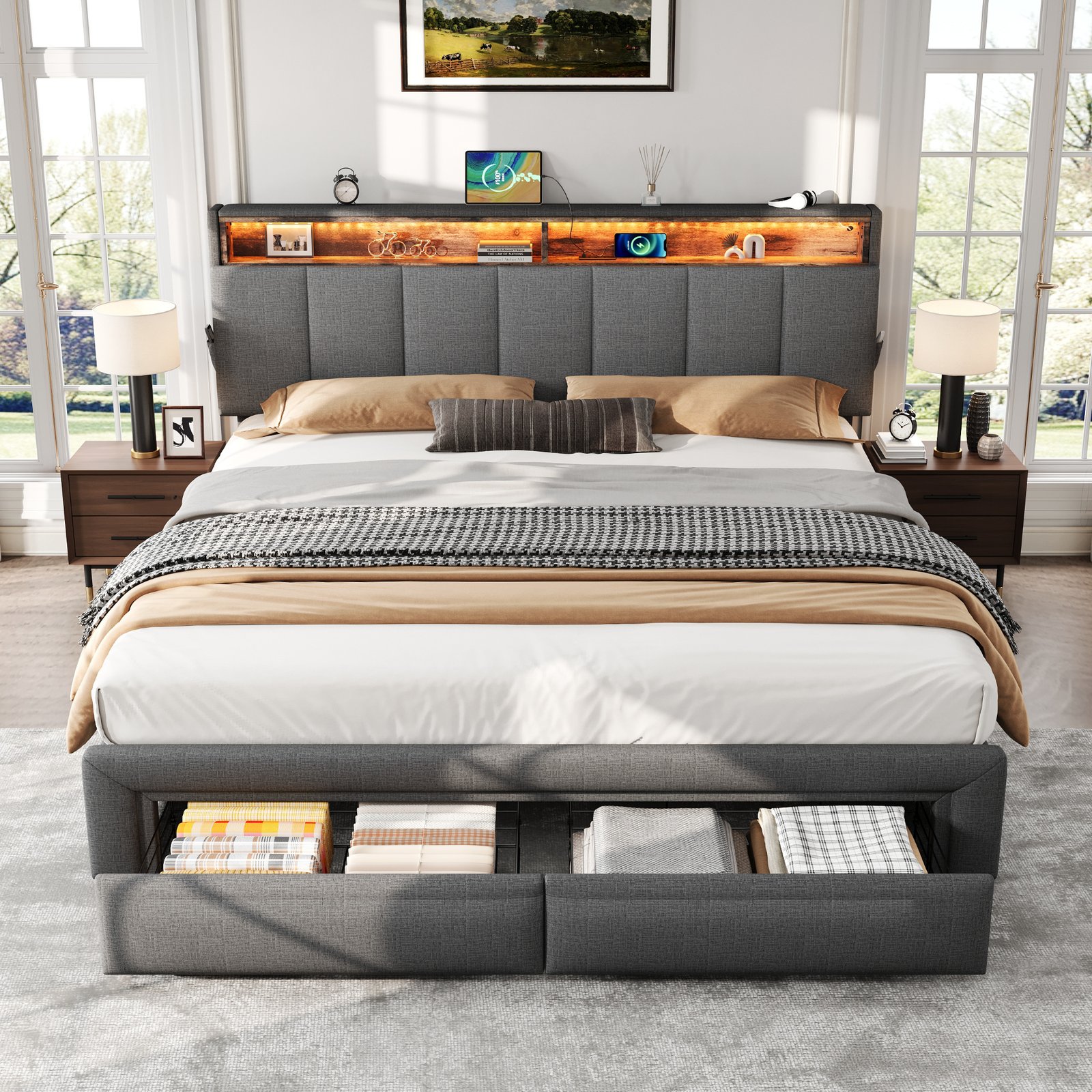 5ft King Upholstered Bed Frame With Hydraulic And Drawers Storage, LED Adjustable Headboard With Charging Station And Concealed Headboard Storage, Linen, No Box Spring Needed, Grey  No Mattress