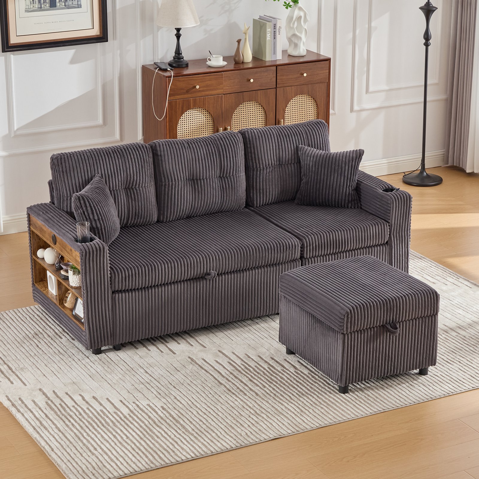 Multifunctional Corduroy Sofa Bed With Storage And Pull-out Bed, Featuring USB-C Charging, LED Ambient Lighting, Cup Holders And Wide Armrests For Living Rooms And Guest Rooms.