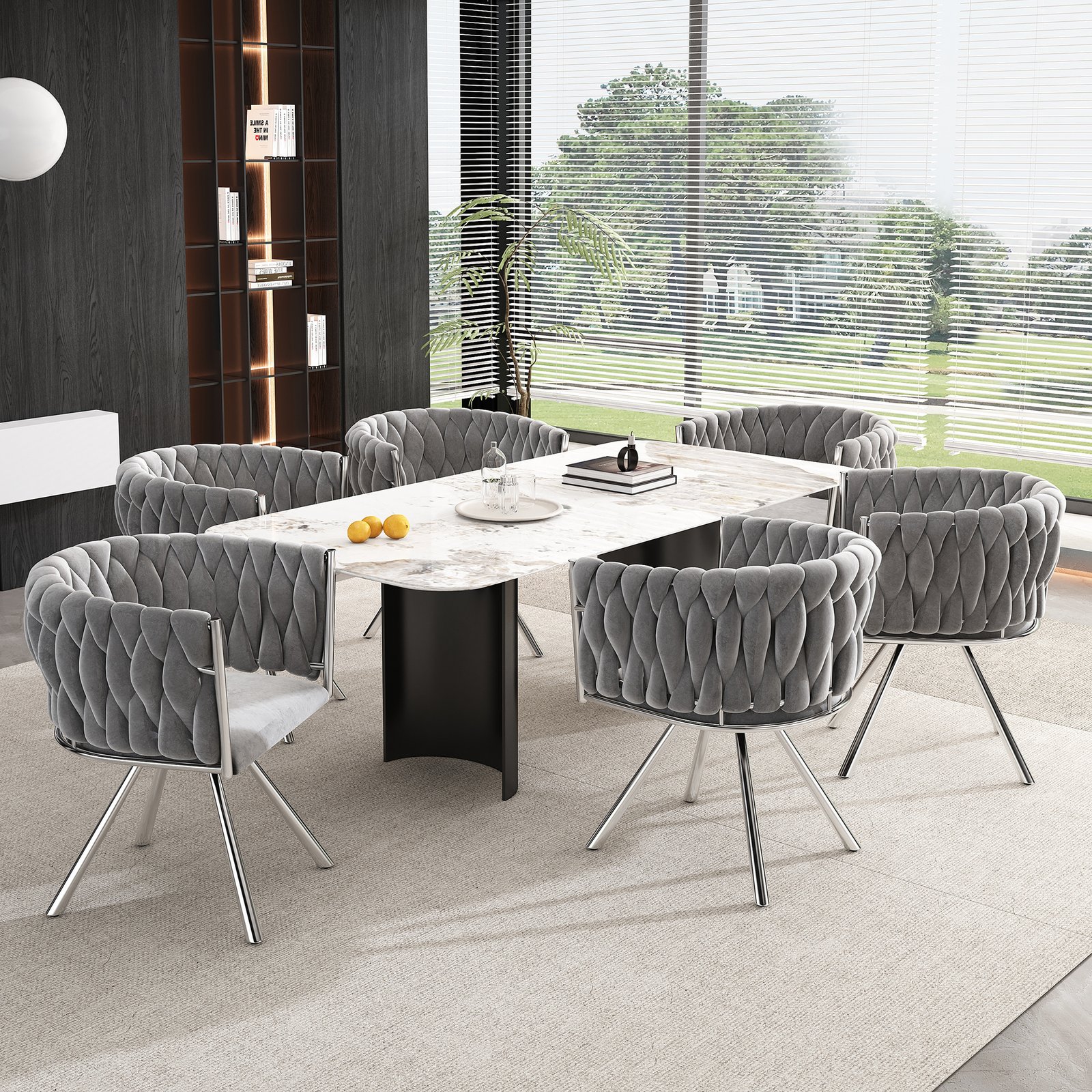 Set Of 6, Velvet Dining Chair, Single Light Luxury Living Room Bedroom Swivel Chair, Leisure Swivel Chair With Four Metal Support Legs, Grey  Silver