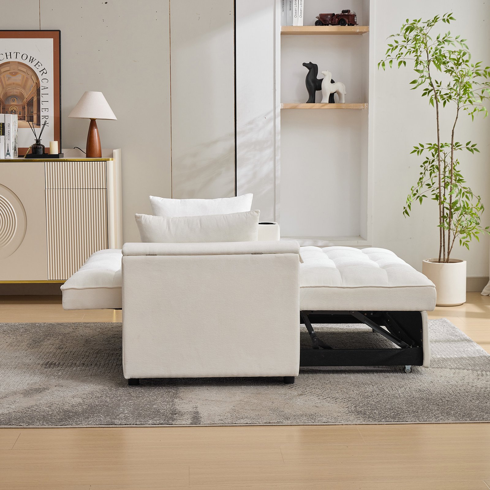 2 Seater Click Clack Sofa Bed,  Pull Out Sofa Bed,  Futon Sofa Recliner, With Cup Holders And Hidden Table, USB & Type-C, 3-Gear Back Angle Adjustable, For Apartment, Living Room, Bedroom, Beige