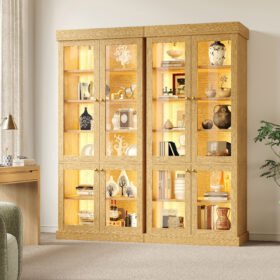 Modern Freestanding Cabinet With Integrated LED Mood Lighting, Glass Display Case, Well-designed Interior Layout And Anti-tip Protection Stable, Safe And Versatile For The Home Natural Brown.