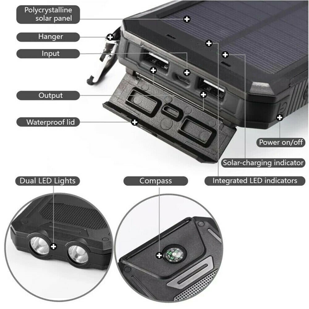 1o000mAh Solar Power Bank Waterproof 2USB LED Battery Charger For Cell Phone