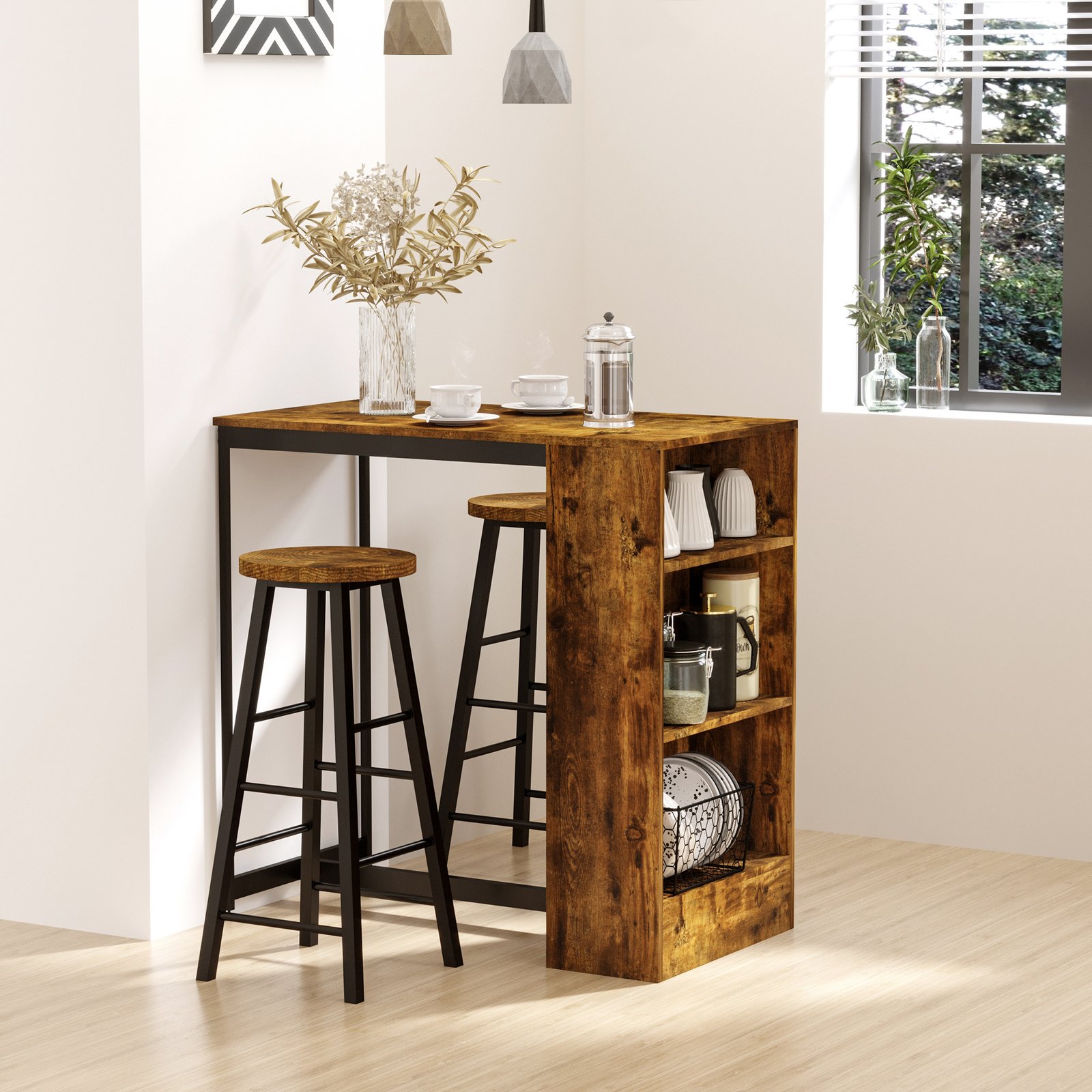 Industrial Bar Table Set For 2, 3 Pieces Pub Table And Bar Stools With Storage Shelf For Kitchen