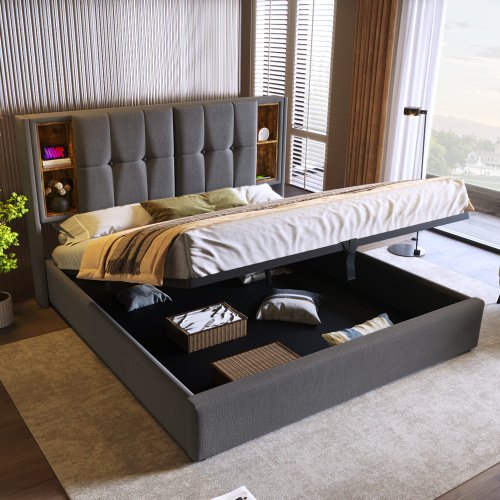 Upholstered Double Bed 150 X 200cm With Wireless Charging USB Tyep-C, Hydraulic Storage Bed With Hydraulic Lever, Linen Fabric 5FT King Size Bed Frame With Large Storage Space,Grey No Mattress
