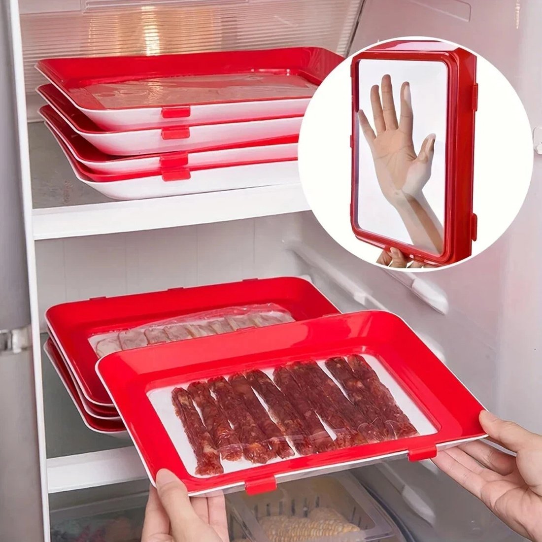 NEW 4pcs Stretch Fresh Storage Tray Vacuum Reusable And Stackable Food Storage Tray UK