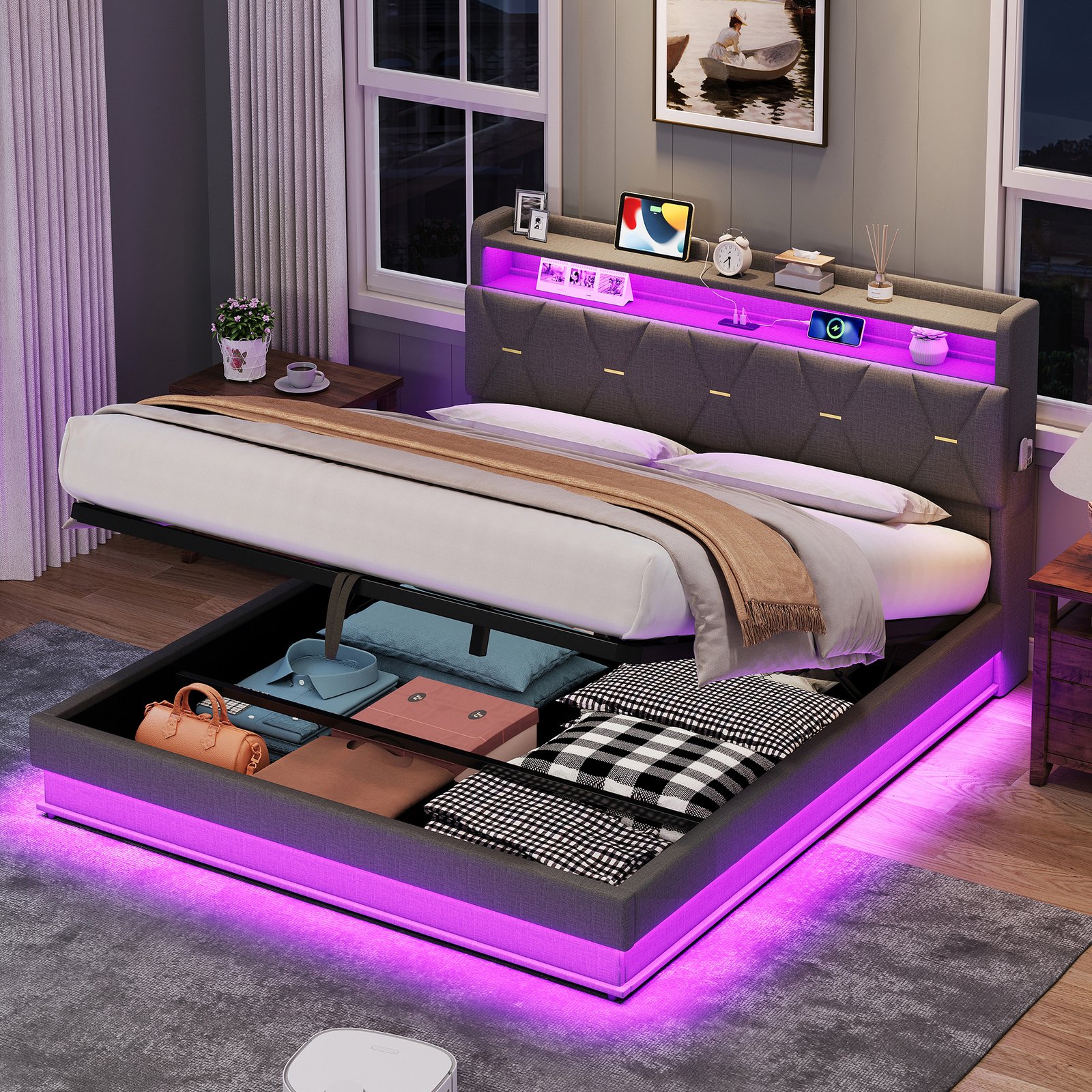 4ft6 Double Upholstered Bed Frame With Hydraulic Storage,  LED Headboard With Charging Station And Concealed Headboard Storage, USB And Type - C Ports, Linen, No Box Spring Needed, Grey  No Mattress