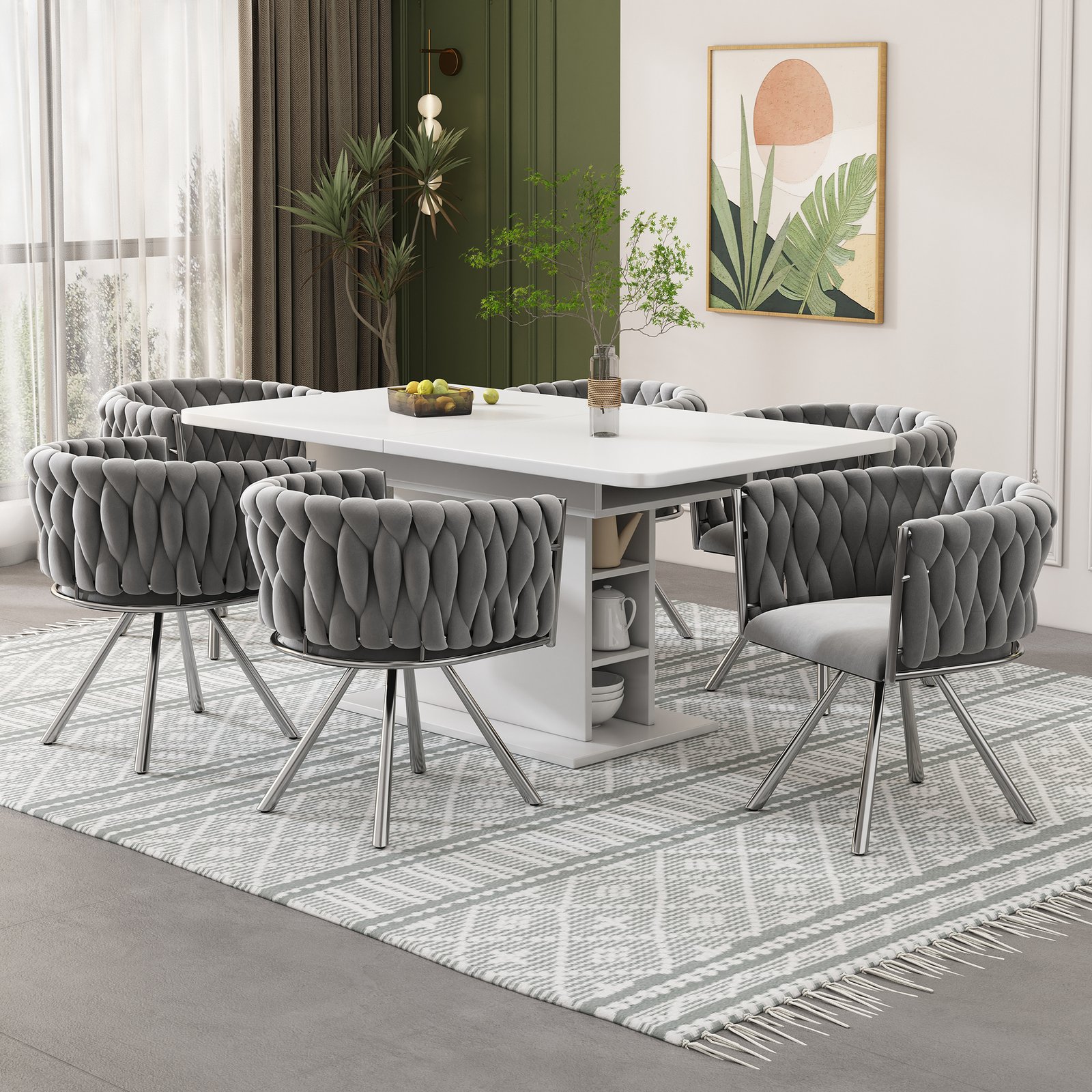 Set Of 6, Velvet Dining Chair, Single Light Luxury Living Room Bedroom Swivel Chair, Leisure Swivel Chair With Four Metal Support Legs, Grey  Silver