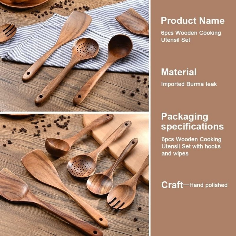 6pcs Wooden Utensils Teak Cooking Utensils Set Nonstick Pan Kitchen Utensils Set