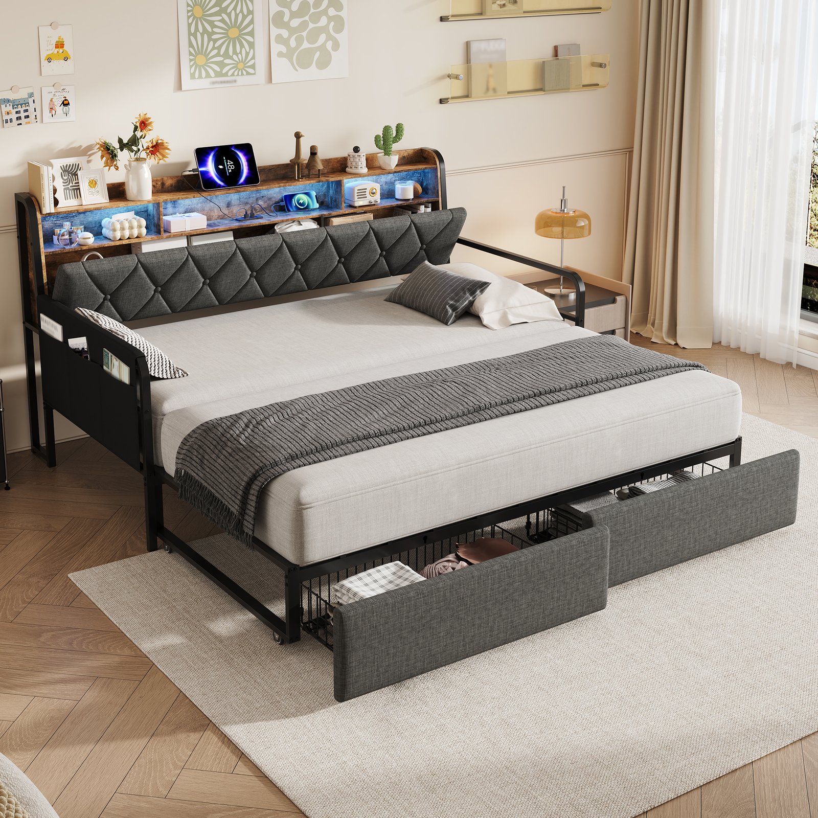 3ft Single Daybed With Pull-out Trundle And Storage Drawer, Walnut Wood Sofa Bed With LED Lighting And Charging Station, Concealed Headboard Storage, Reversible Side Pocket, Linen, Grey No Mattress