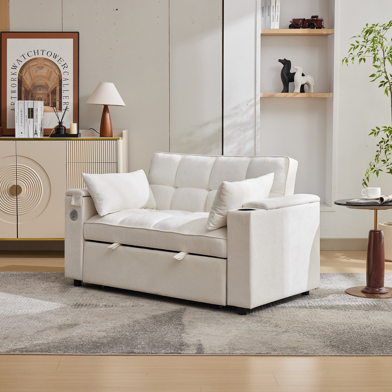 2 Seater Click Clack Sofa Bed,  Pull Out Sofa Bed,  Futon Sofa Recliner, With Cup Holders And Hidden Table, USB & Type-C, 3-Gear Back Angle Adjustable, For Apartment, Living Room, Bedroom, Beige
