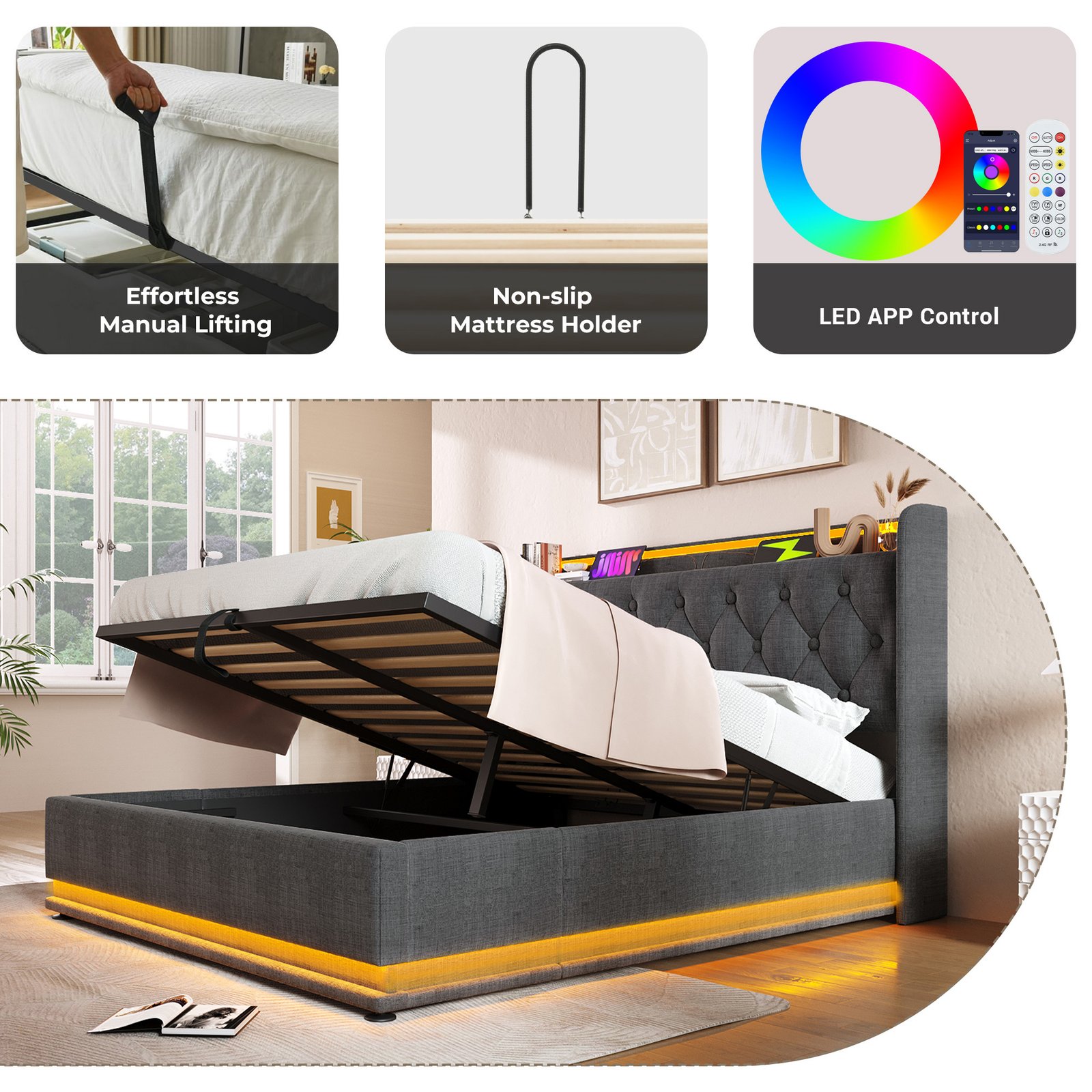 Upholstered Double Ottoman Bed With 360 Surround Led Function,Hydraulic Storage Bed Frame With Large Storage Space, 4ft6 Double Bed Frame With Charging Function,135 X190 ,Linen, Grey No Mattress