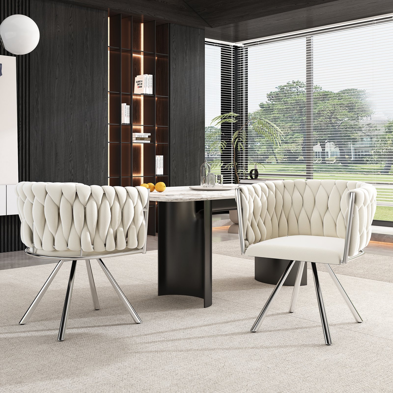Set Of 4, Velvet Dining Chair, Single Light Luxury Living Room Bedroom Swivel Chair, Leisure Swivel Chair With Four Metal Support Legs, Beige  Silver