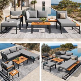 Modular Outdoor Sofa Set With Free Combination, Aluminium Frame, Breathable Cushions, Wooden Coffee Table & Side Table, For Patio, Garden & Backyard