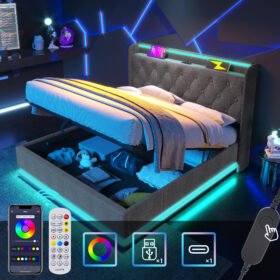 Upholstered Double Ottoman Bed With 360 Surround Led Function,Hydraulic Storage Bed Frame With Large Storage Space, 4ft6 Double Bed Frame With Charging Function,135 X190 ,Linen, Grey No Mattress