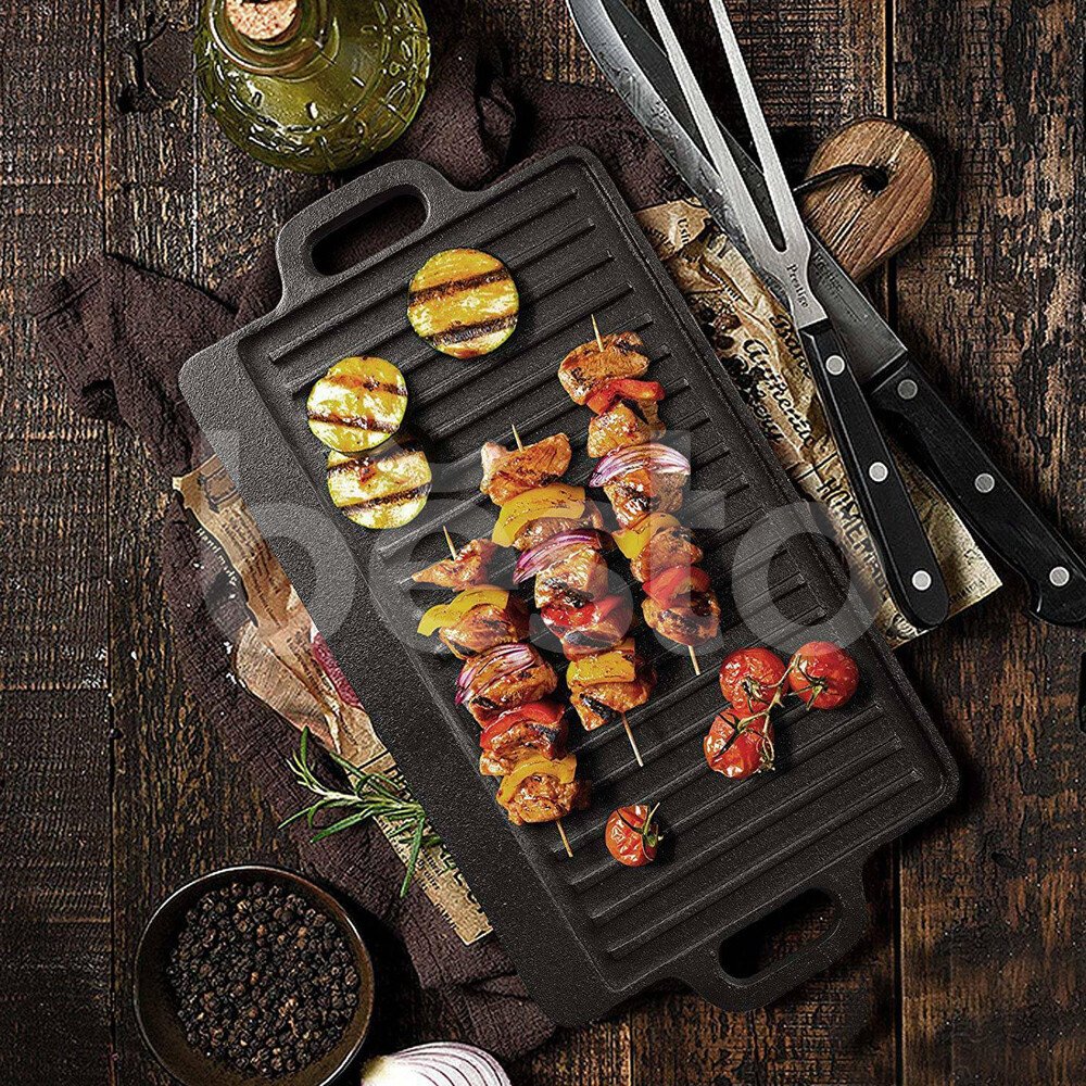 Griddle Plate Cast Iron Reversible BBQ Skillet Fry Pan Grill Double Sided