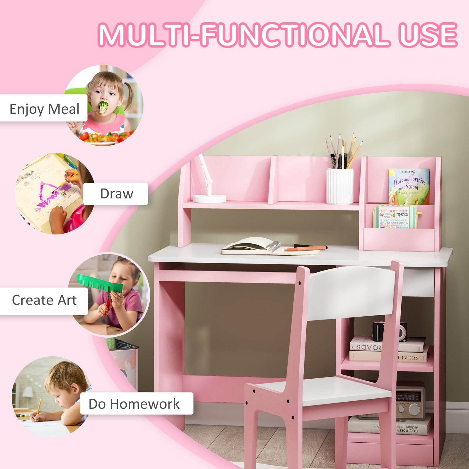 ZONEKIZ Two-Piece Kids Desk And Chair Set With Storage, For Ages 5-8 Years - Pink