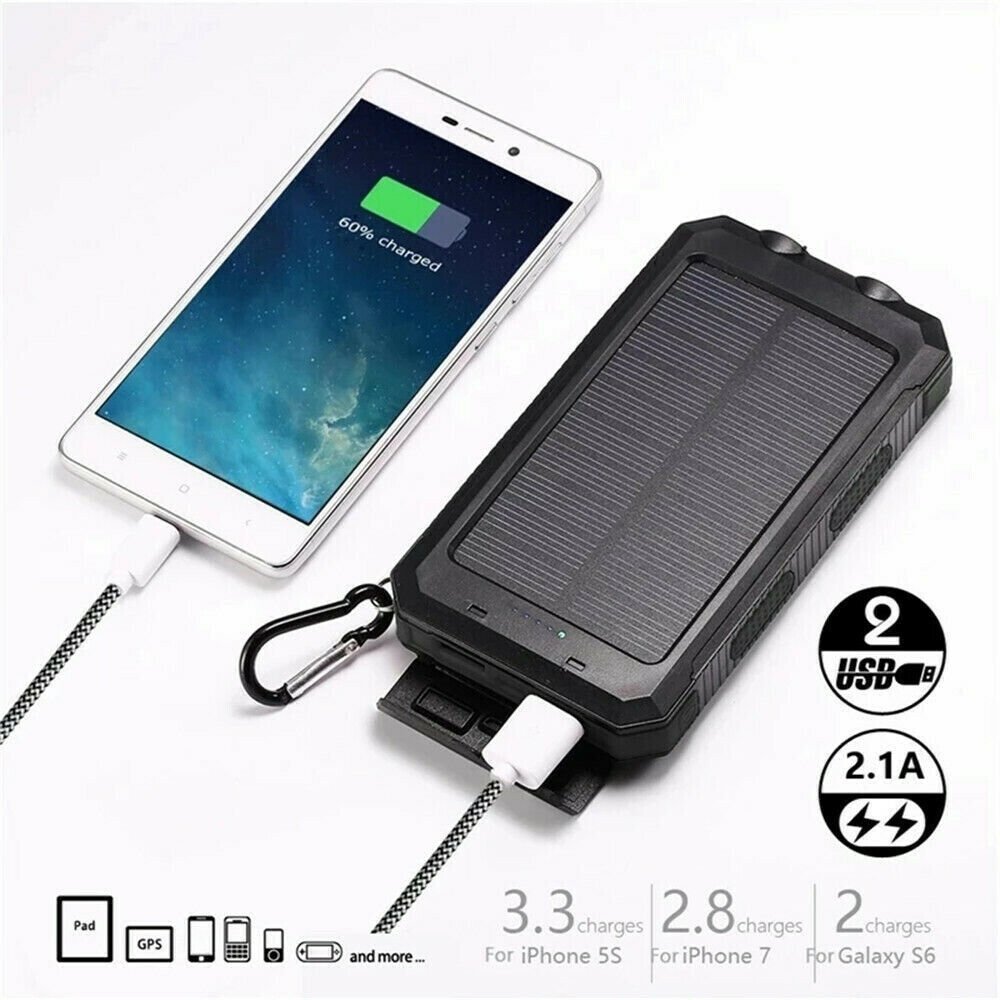 1o000mAh Solar Power Bank Waterproof 2USB LED Battery Charger For Cell Phone