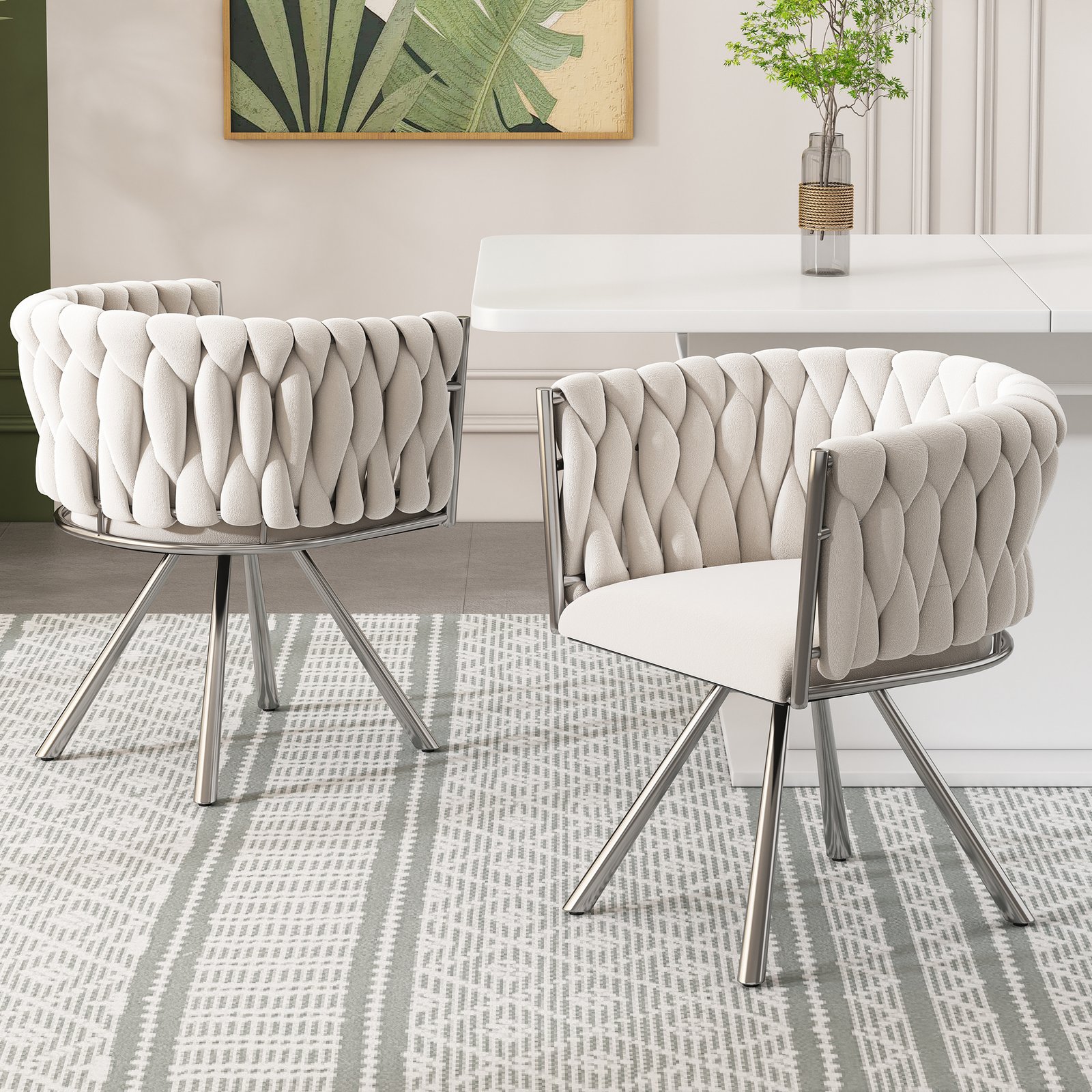 Set Of 4, Velvet Dining Chair, Single Light Luxury Living Room Bedroom Swivel Chair, Leisure Swivel Chair With Four Metal Support Legs, Beige  Silver