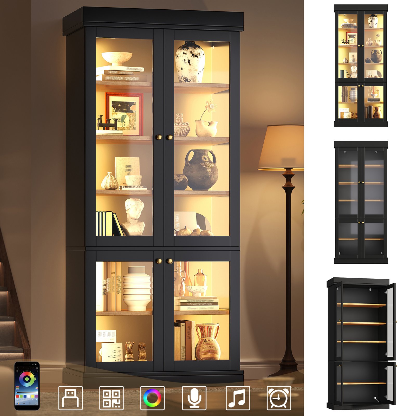 Modern Freestanding Cabinet With Integrated LED Mood Lighting, Glass Display Case, Well-designed Interior Layout And Anti-tip Protection Stable, Safe And Versatile For Home Use Black